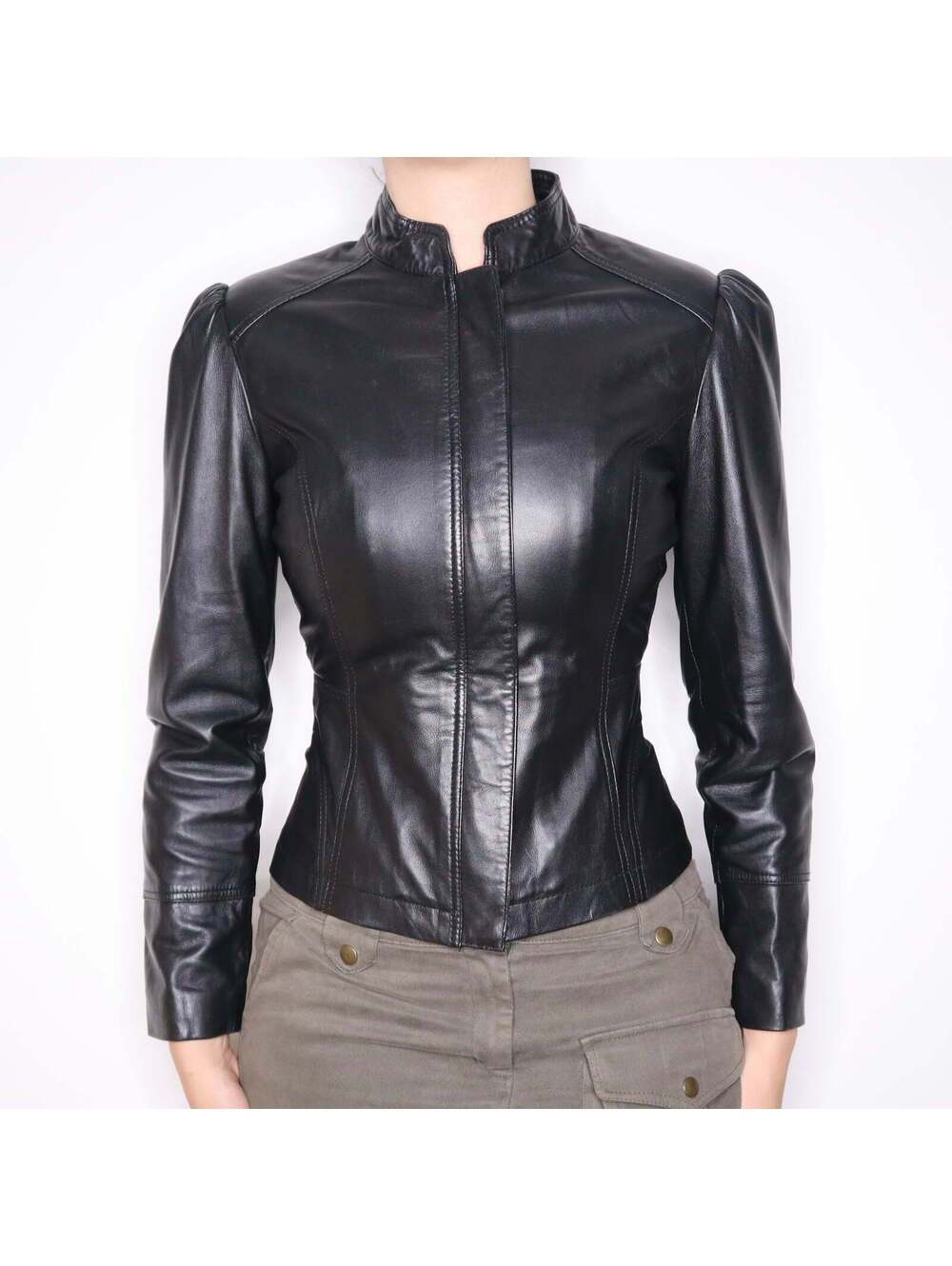 Y2K Italian Brand Fitted Black Leather Zip Up Jacket (S)
